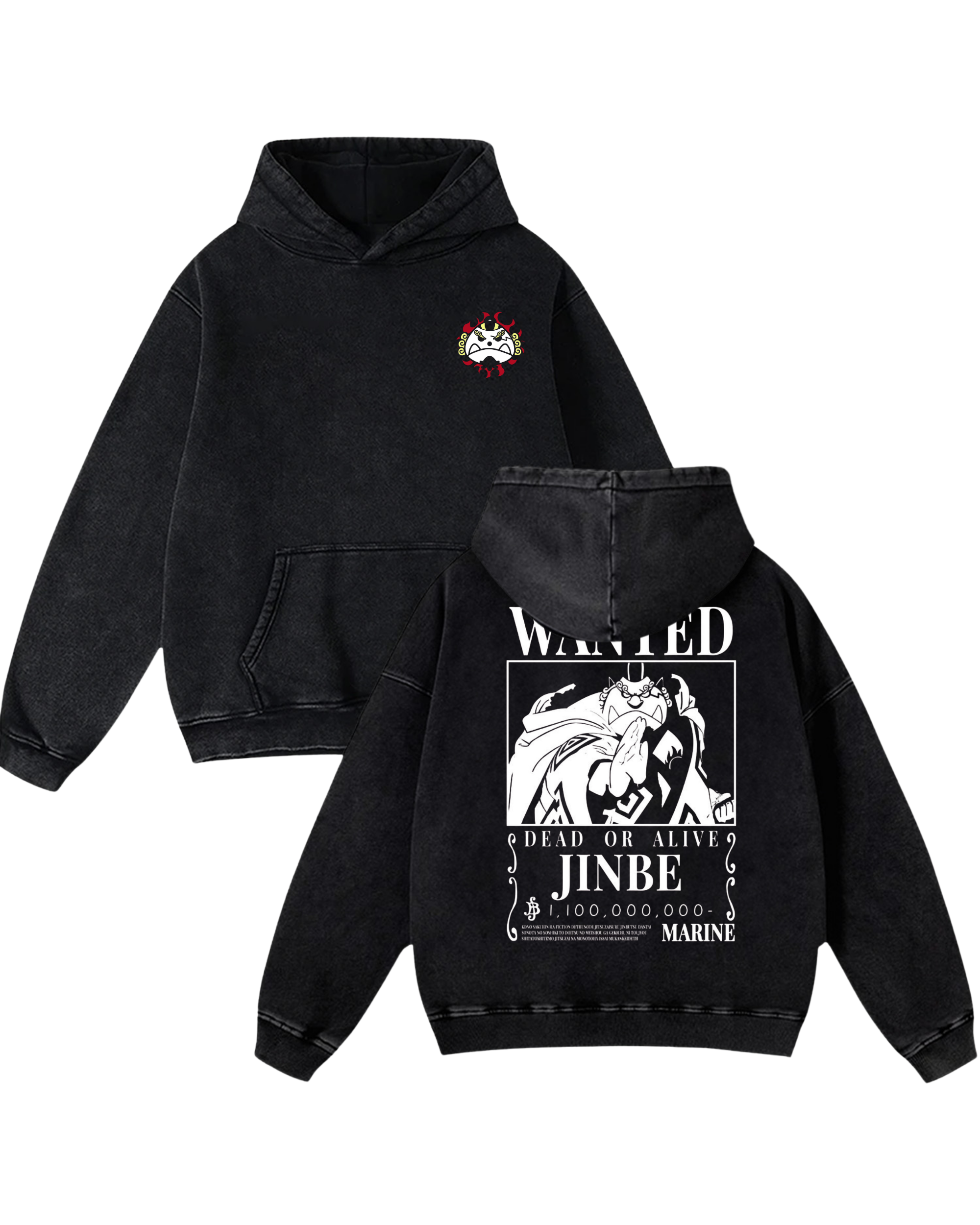 Jinbei Wanted Poster Anime One Piece Washed Hoodie Cotton Graphic