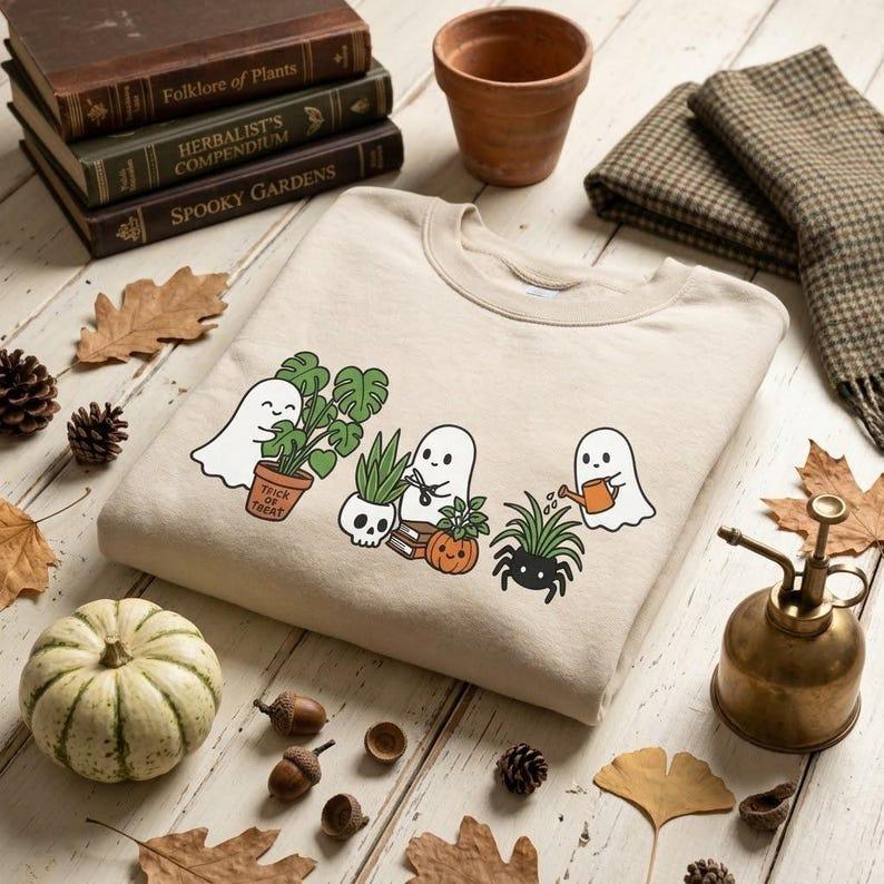 Ghost Plant Lover Sweatshirt, Embroidered Houseplant Crewneck, Cute Halloween Fall Shirt, Plant Mom Gift