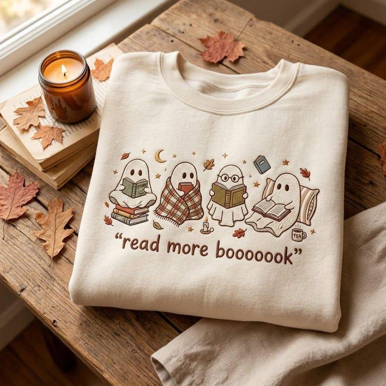 Embroidered Spooky Reader Sweatshirt, Read More Boooook Ghost Crewneck, Cozy Fall Pullover, Halloween Gift for Bookworms and Reading Fans