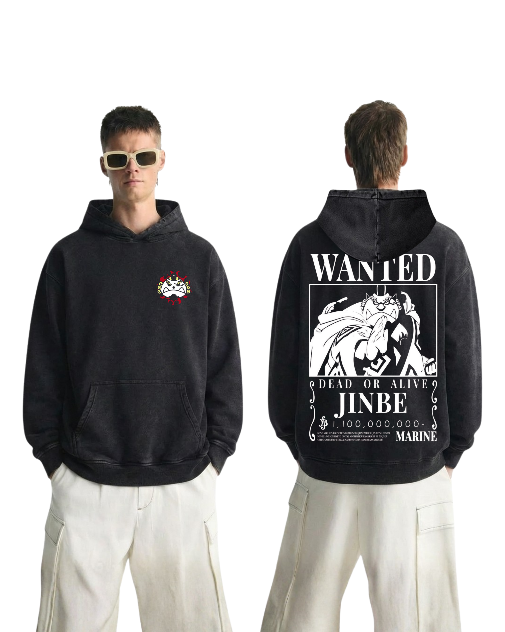 Jinbei Wanted Poster Anime One Piece Washed Hoodie Cotton Graphic