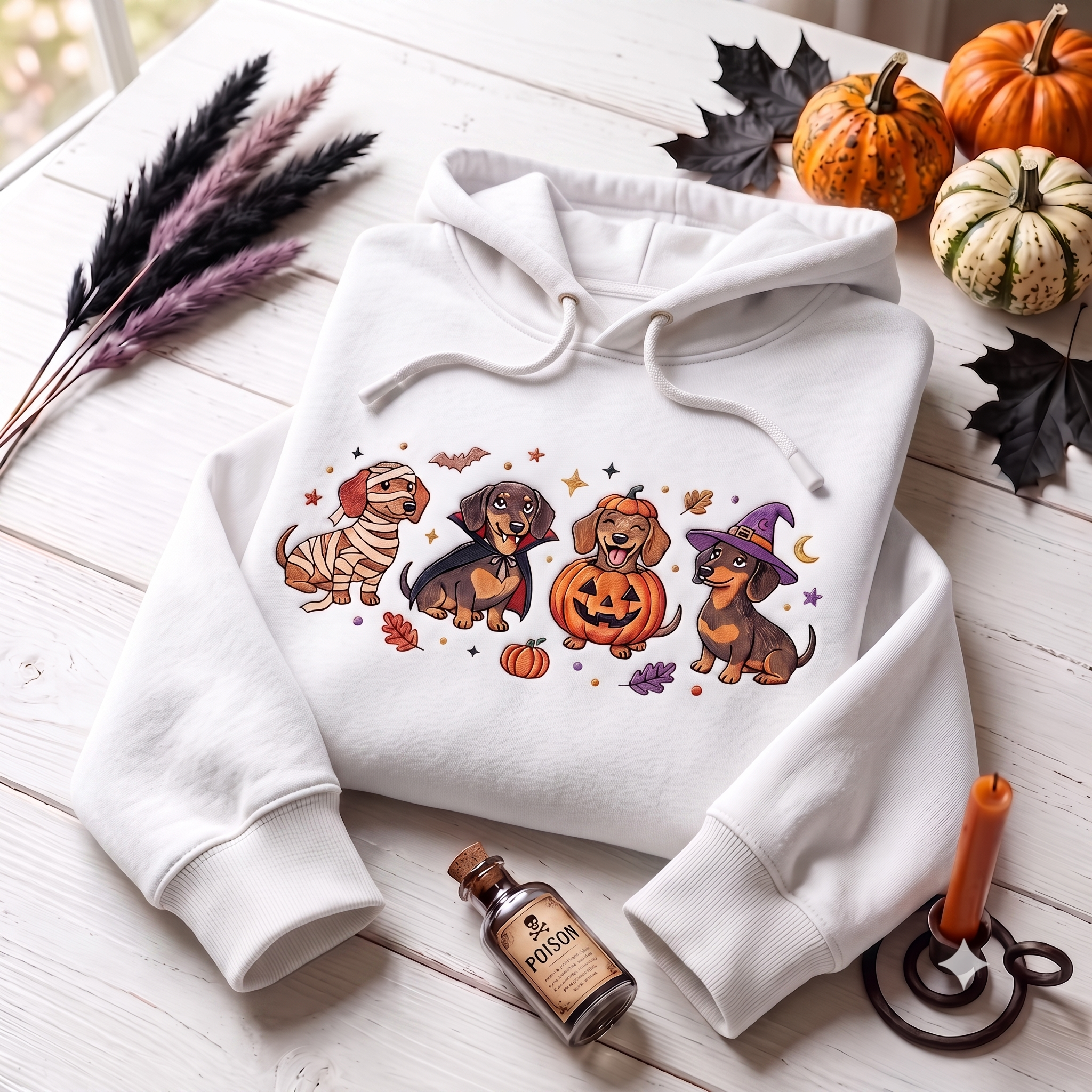 Embroidered Spooky Dachshund Hoodies, Halloween Wiener Dog Crewneck, Cute Costume Puppy Pullover, Cozy Autumn Gift for Dog Enthusiasts