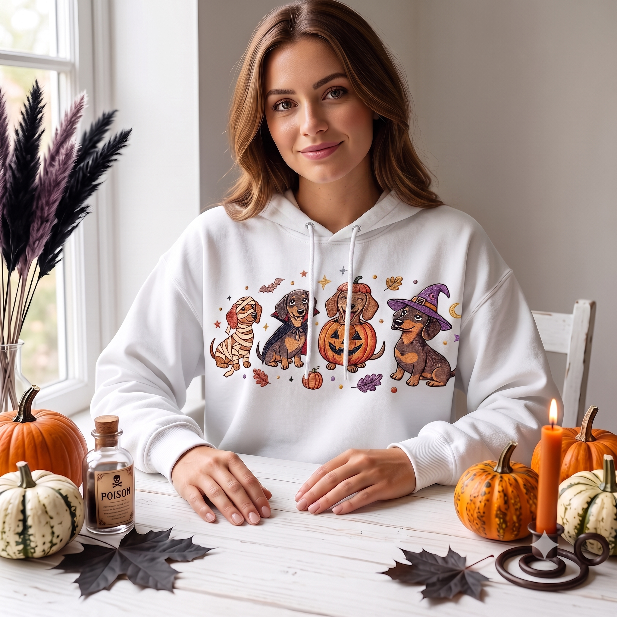Embroidered Spooky Dachshund Hoodies, Halloween Wiener Dog Crewneck, Cute Costume Puppy Pullover, Cozy Autumn Gift for Dog Enthusiasts