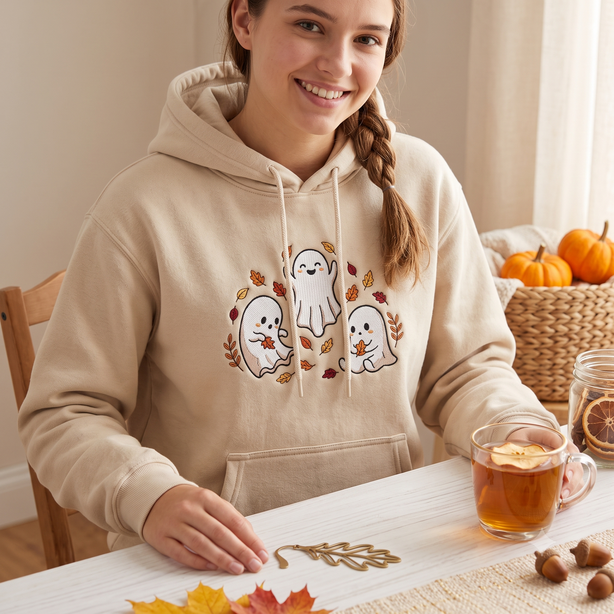 Cozy Fall Ghost Crewneck, Embroidered Halloween Hoodies, Cute Autumn Leaf Shirt, Spooky Gift