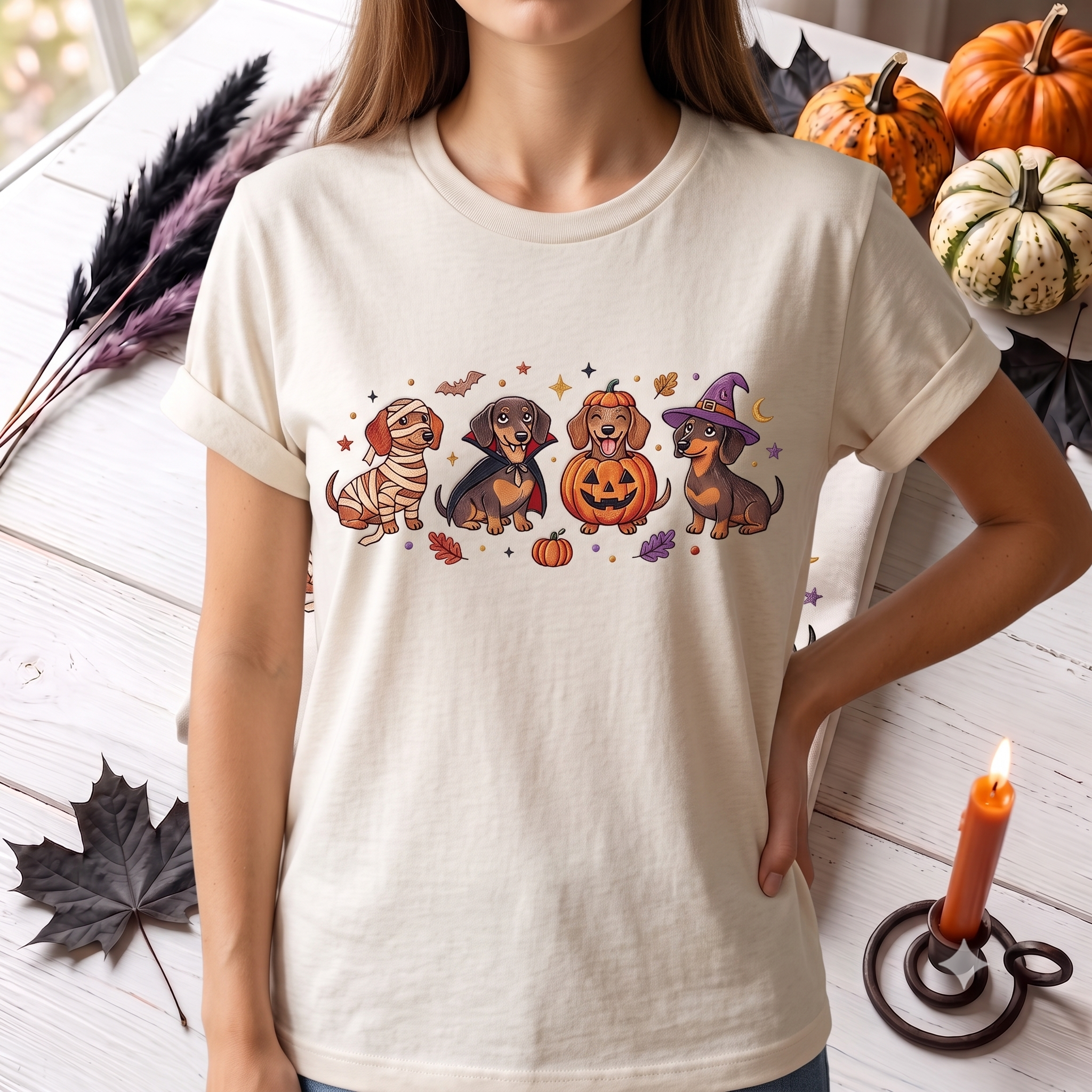 Embroidered Spooky Dachshund T-Shirt, Halloween Wiener Dog Crewneck, Cute Costume Puppy, Cozy Autumn Gift for Dog Enthusiasts
