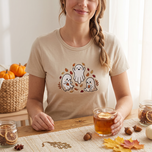 Cozy Fall Ghost Crewneck, Embroidered Halloween T-Shirt, Cute Autumn Leaf Shirt, Spooky Gift
