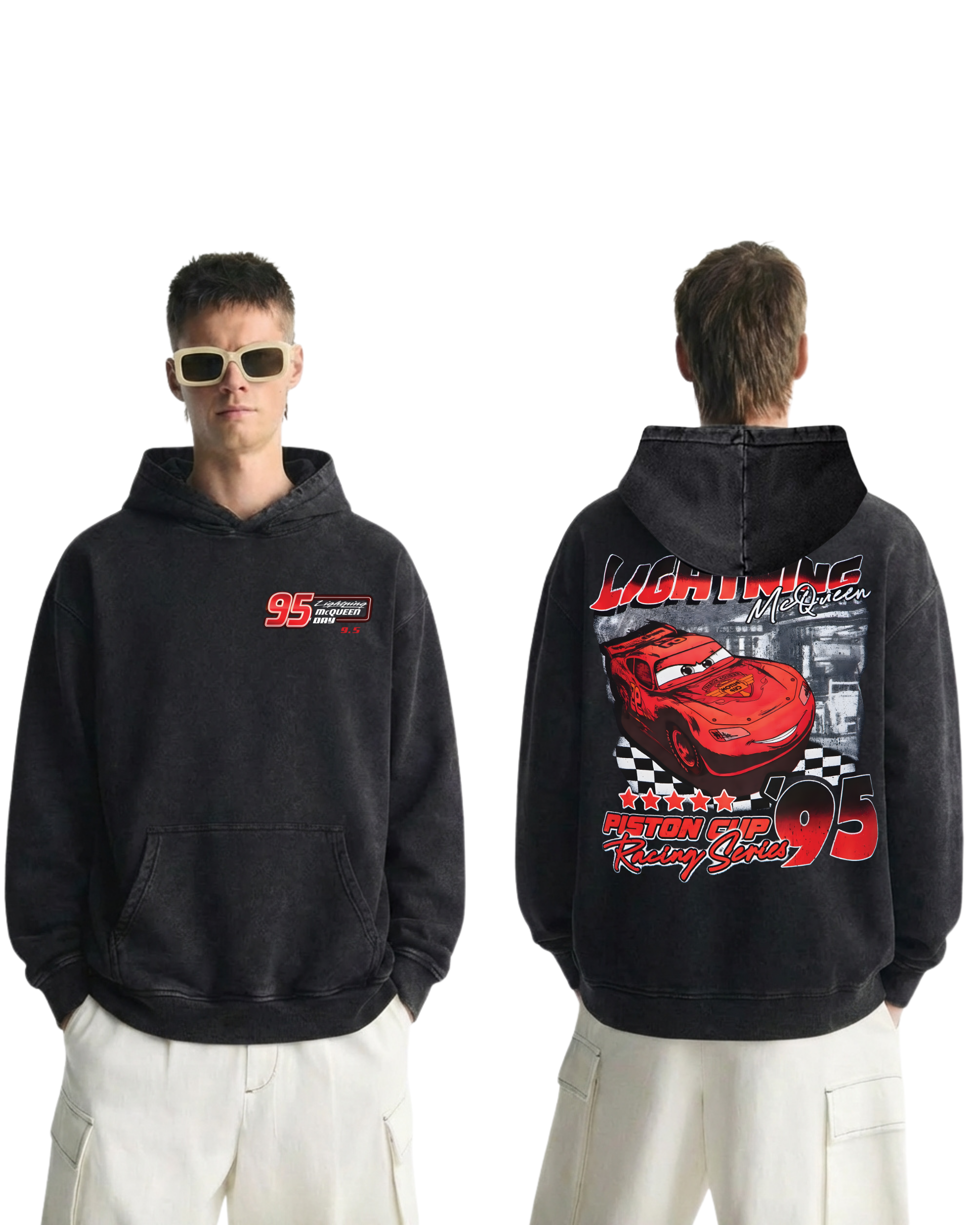Lightning McQueen Movie Cars Retro Washed Hoodie Cotton Graphic