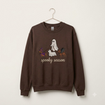 Spooky Dog Embroidered Sweatshirt, Halloween Ghost Puppy Crewneck with Witch Hat and Bat Wings, Cozy Fall Clothing for Animal Lovers