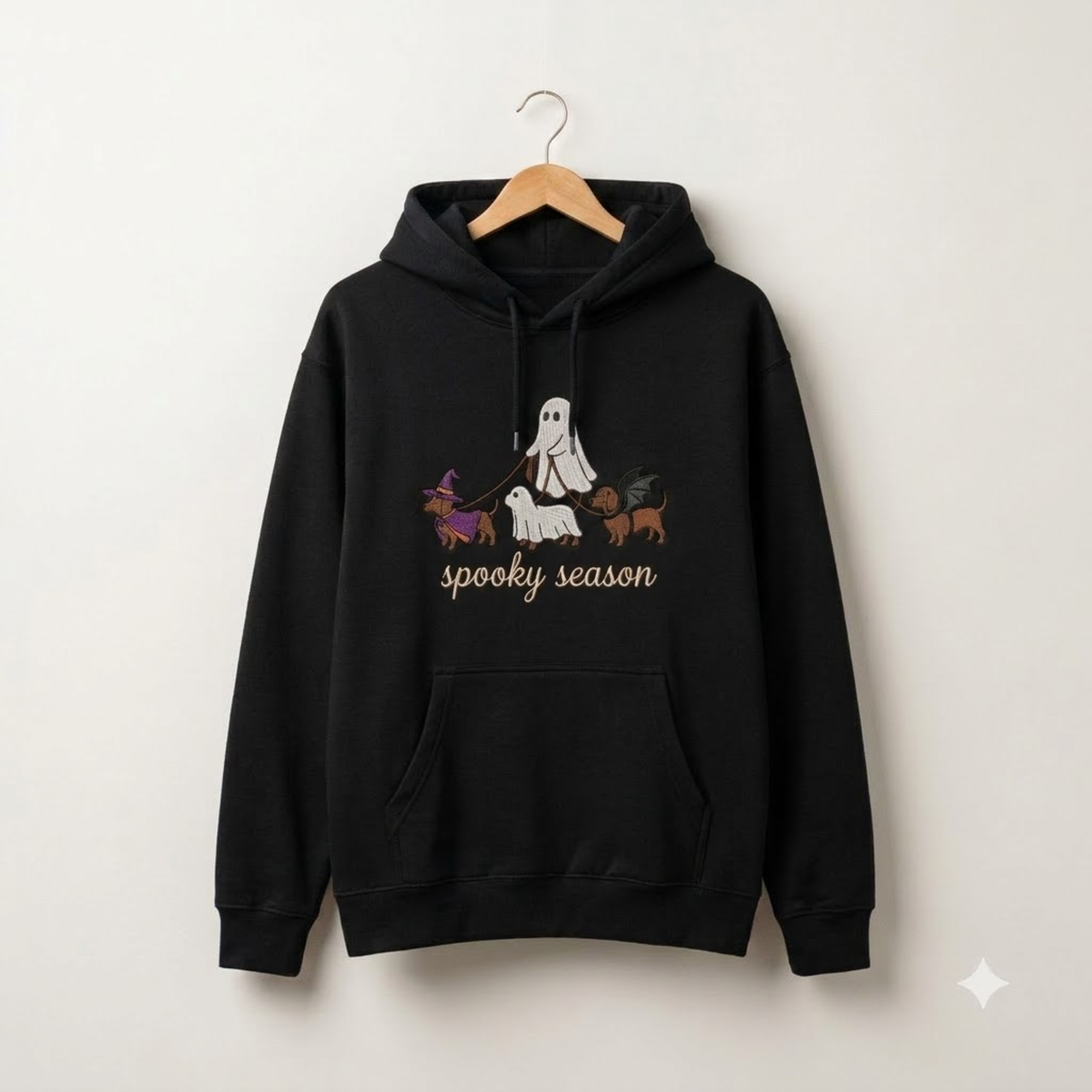Spooky Dog Embroidered Hoodies, Halloween Ghost Puppy Crewneck with Witch Hat and Bat Wings, Cozy Fall Clothing for Animal Lovers