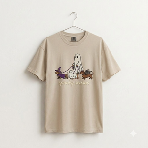 Spooky Dog Embroidered T-shirt, Halloween Ghost Puppy Crewneck with Witch Hat and Bat Wings, Cozy Fall Clothing for Animal Lovers