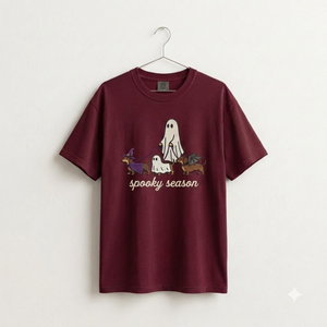 Spooky Dog Embroidered T-shirt, Halloween Ghost Puppy Crewneck with Witch Hat and Bat Wings, Cozy Fall Clothing for Animal Lovers