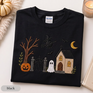 Embroidered Haunted House T-shirt, Vintage Halloween Ghost Crewneck, Spooky Season Fall Shirt, Cozy Witchy Pumpkin Gift For Her