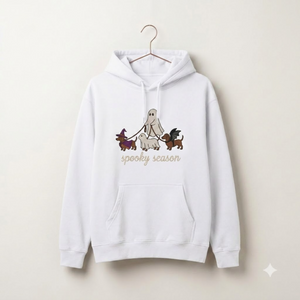 Spooky Dog Embroidered Hoodies, Halloween Ghost Puppy Crewneck with Witch Hat and Bat Wings, Cozy Fall Clothing for Animal Lovers