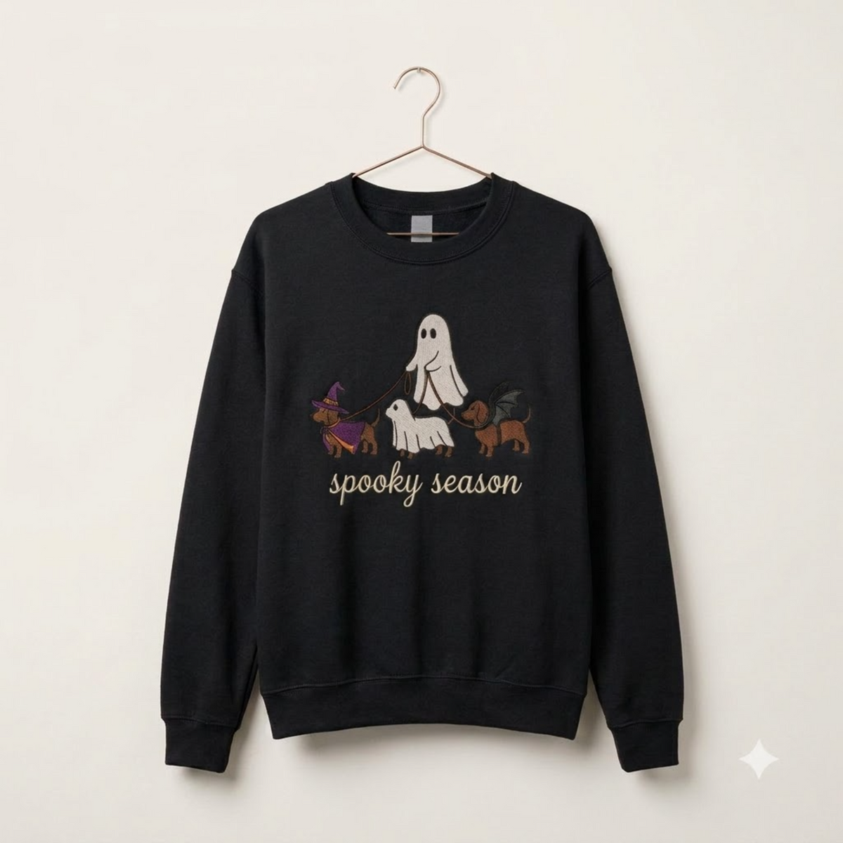Spooky Dog Embroidered Sweatshirt, Halloween Ghost Puppy Crewneck with Witch Hat and Bat Wings, Cozy Fall Clothing for Animal Lovers