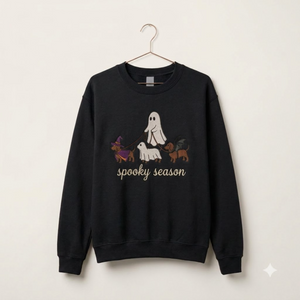 Spooky Dog Embroidered Sweatshirt, Halloween Ghost Puppy Crewneck with Witch Hat and Bat Wings, Cozy Fall Clothing for Animal Lovers
