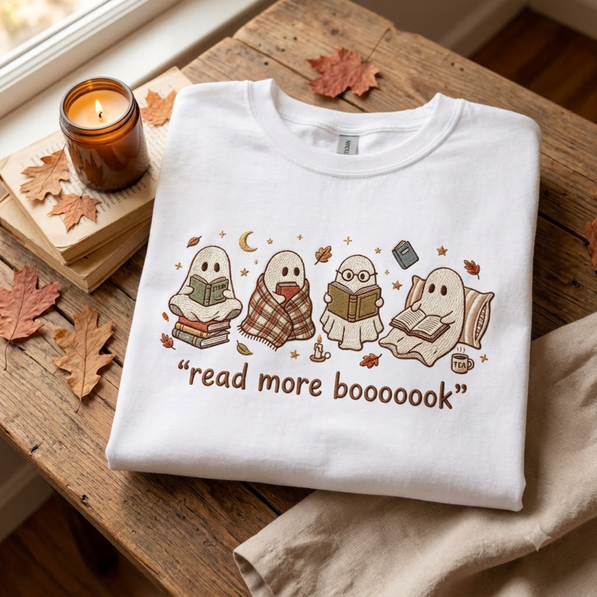 Embroidered Spooky Reader T-Shirt, Read More Boooook Ghost Crewneck, Cozy Fall Pullover, Halloween Gift for Bookworms and Reading Fans