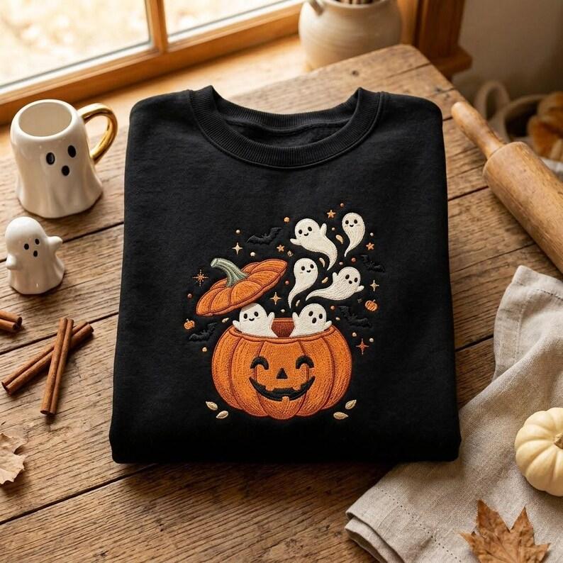 Embroidered Cute Ghost T-Shirt, Halloween Pumpkin Crewneck, Spooky Jack O Lantern, Cozy Autumn Gift for Fall Festival Lovers
