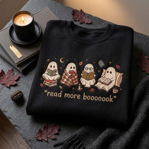 Embroidered Spooky Reader Sweatshirt, Read More Boooook Ghost Crewneck, Cozy Fall Pullover, Halloween Gift for Bookworms and Reading Fans