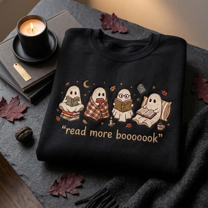 Embroidered Spooky Reader Sweatshirt, Read More Boooook Ghost Crewneck, Cozy Fall Pullover, Halloween Gift for Bookworms and Reading Fans