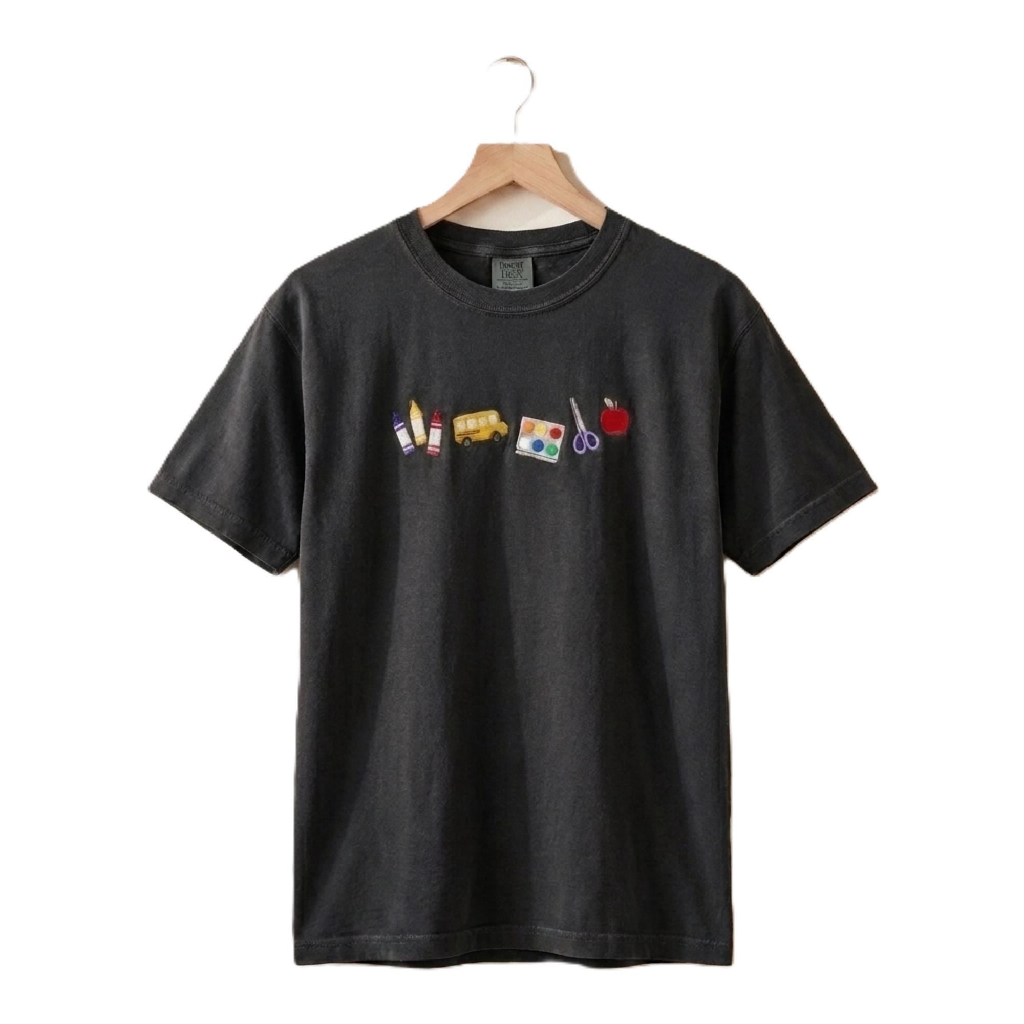 Embroidered Teacher Shirt, Unisex Crewneck Tee with School Supplies Design