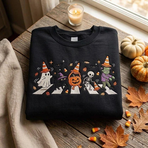 Embroidered Cute Halloween T-Shirt, Ghost Pumpkin Skeleton Monster Crossing Crewneck with Black Cat for Cozy Autumn Spooky Season