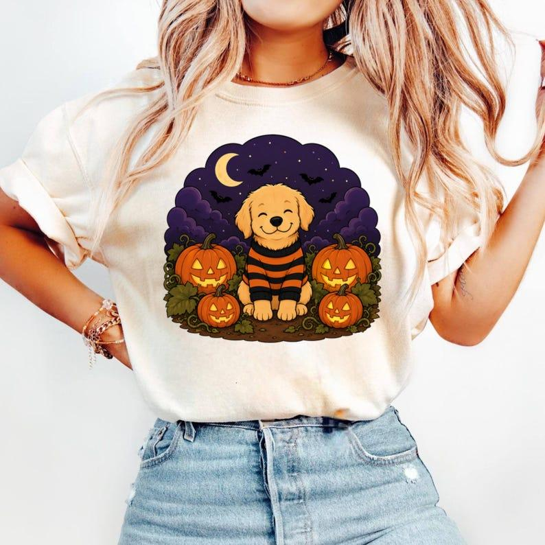 Dog Thanksgiving T-Shirt, Cute Halloween Puppy Tee, Golden Retriever Pumpkin Shirt, Spooky Dog Graphic Tee, Halloween Dog Lover Gift