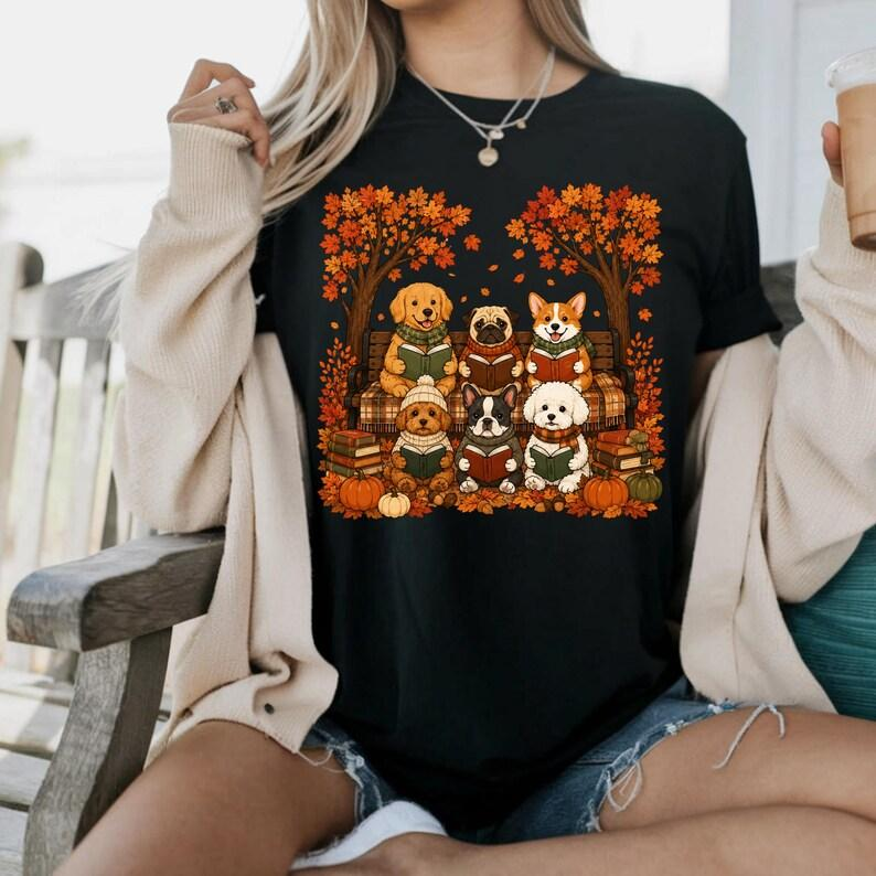 Cozy Fall Reading Dog T-Shirt, Cute Autumn Puppy Book Lover Tee, Thanksgiving Reading Shirt, Fall Book Club Graphic Tee