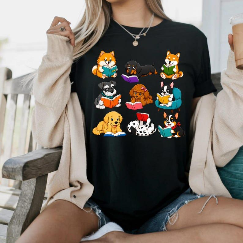 Dog Reading Shirt, Cute Dogs with Books Tee, Dog Lover Gift, Funny Animal Graphic Tee, Book Lover Dog Shirt, Gift for Her
