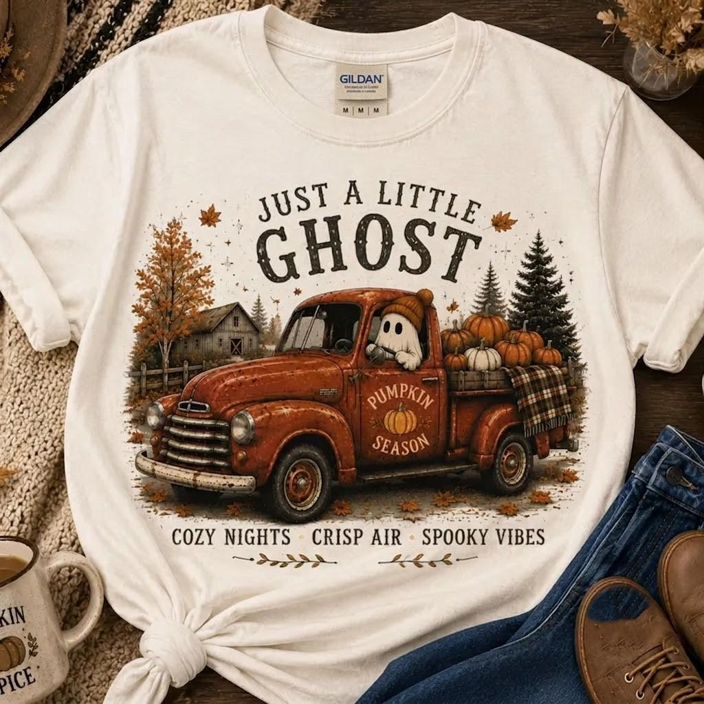 Vintage Ghost Truck Shirt, Just A Little Ghost Tee, Cozy Fall Pumpkin Shirt, Cute Halloween Shirt, Autumn Aesthetic Gift