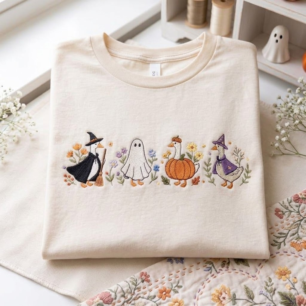 Embroidered Cute Halloween T-Shirt, Cute Silly Goose Crewneck Fall Cottagecore Ghost & Pumpkin for Cozy Autumn Spooky Season