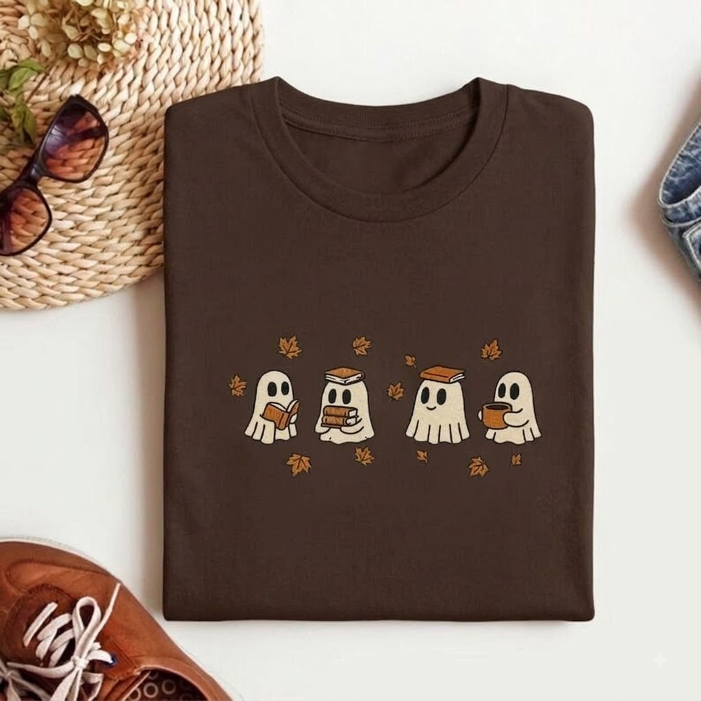 Embroidered Halloween T-Shirt, Cute Reading Ghosts Crewneck Fall Cottagecore Ghost for Cozy Autumn Spooky Season