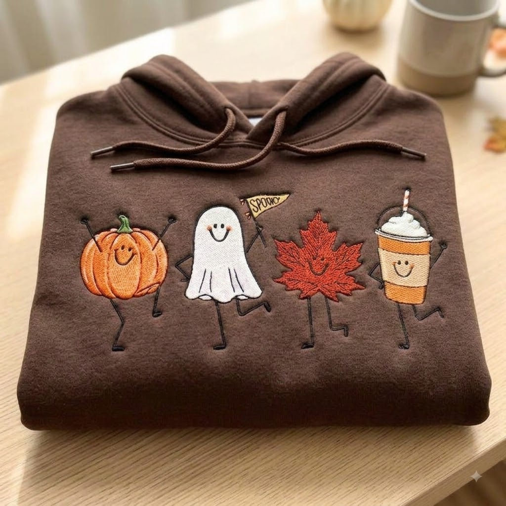 Cute Dancing Halloween Characters Embroidered Hoodies Fall Leaf, Ghost & Iced Coffee Top