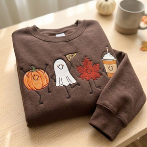 Cute Dancing Halloween Characters Embroidered Sweatshirt Fall Leaf, Ghost & Iced Coffee Top