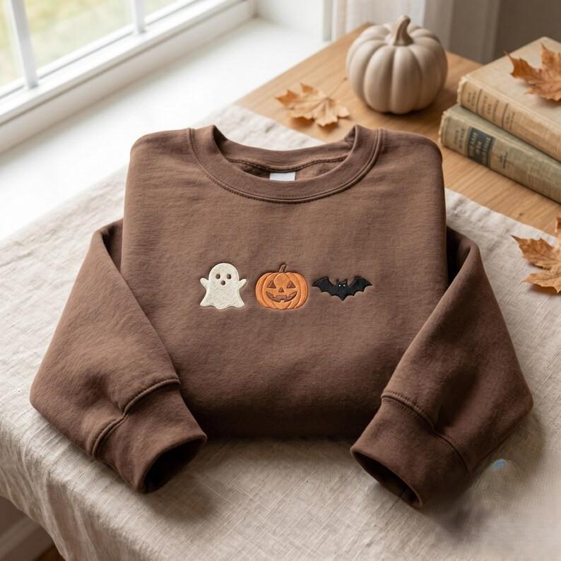 Cute Halloween Embroidery SweatShirt, Minimalist Halloween Embroidery Shirt, Spooky Season Embroidery Tee