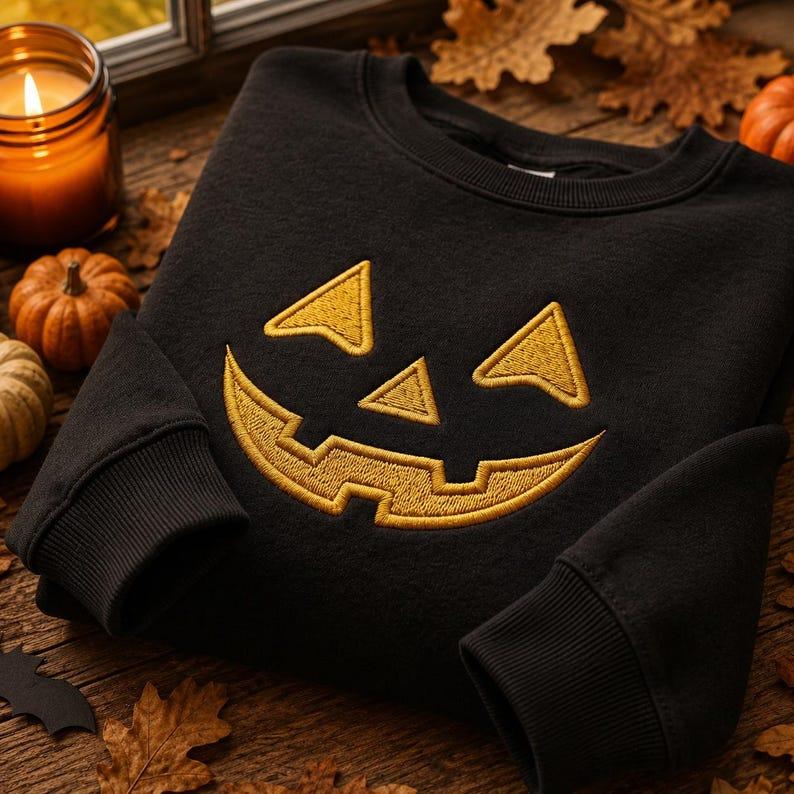 Embroidered Spooky Pumpkin Sweatshirt, Halloween Crewneck, Jack O Lantern Face Shirt, Black Fall Outfit, October Gift