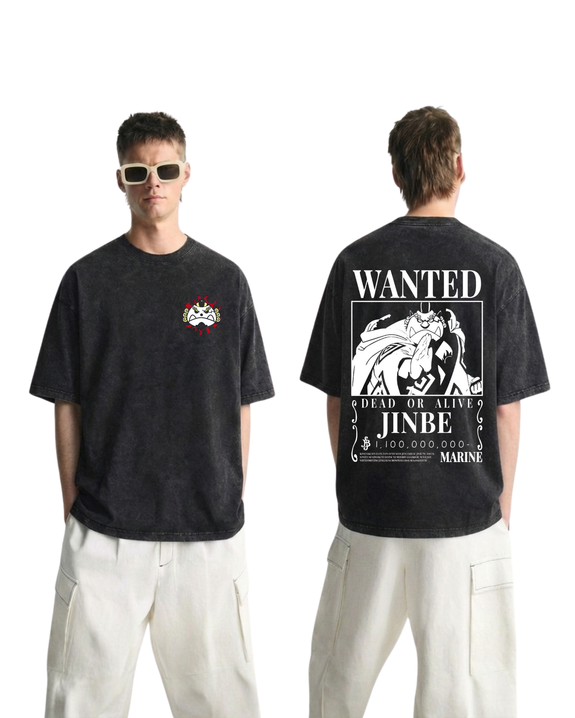 Jinbei Wanted Poster Anime One Piece Washed T-Shirt Cotton Graphic