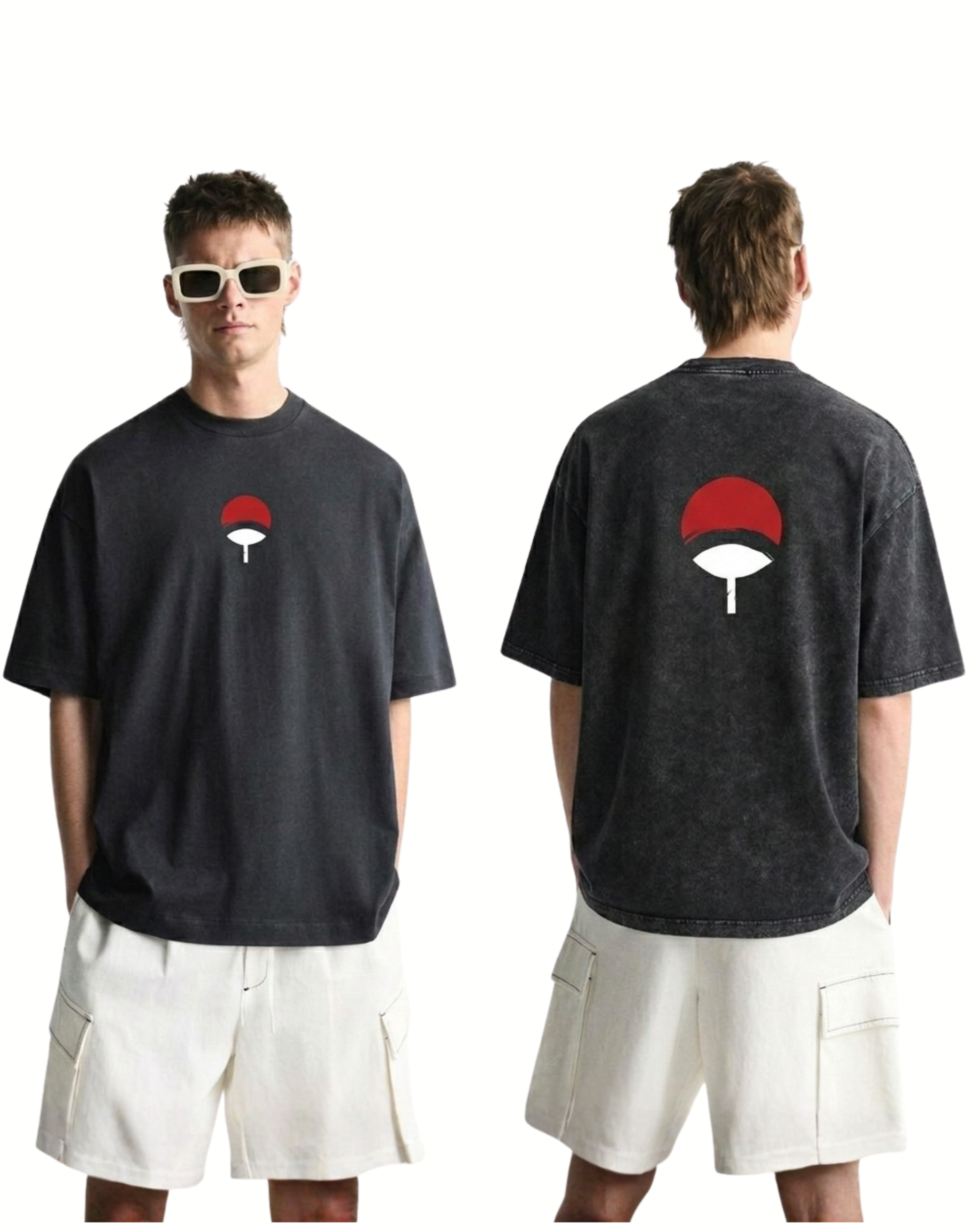 Uchiha Clan Logo Washed Graphic Tee – Vintage Anime Streetwear Oversized T-Shirt