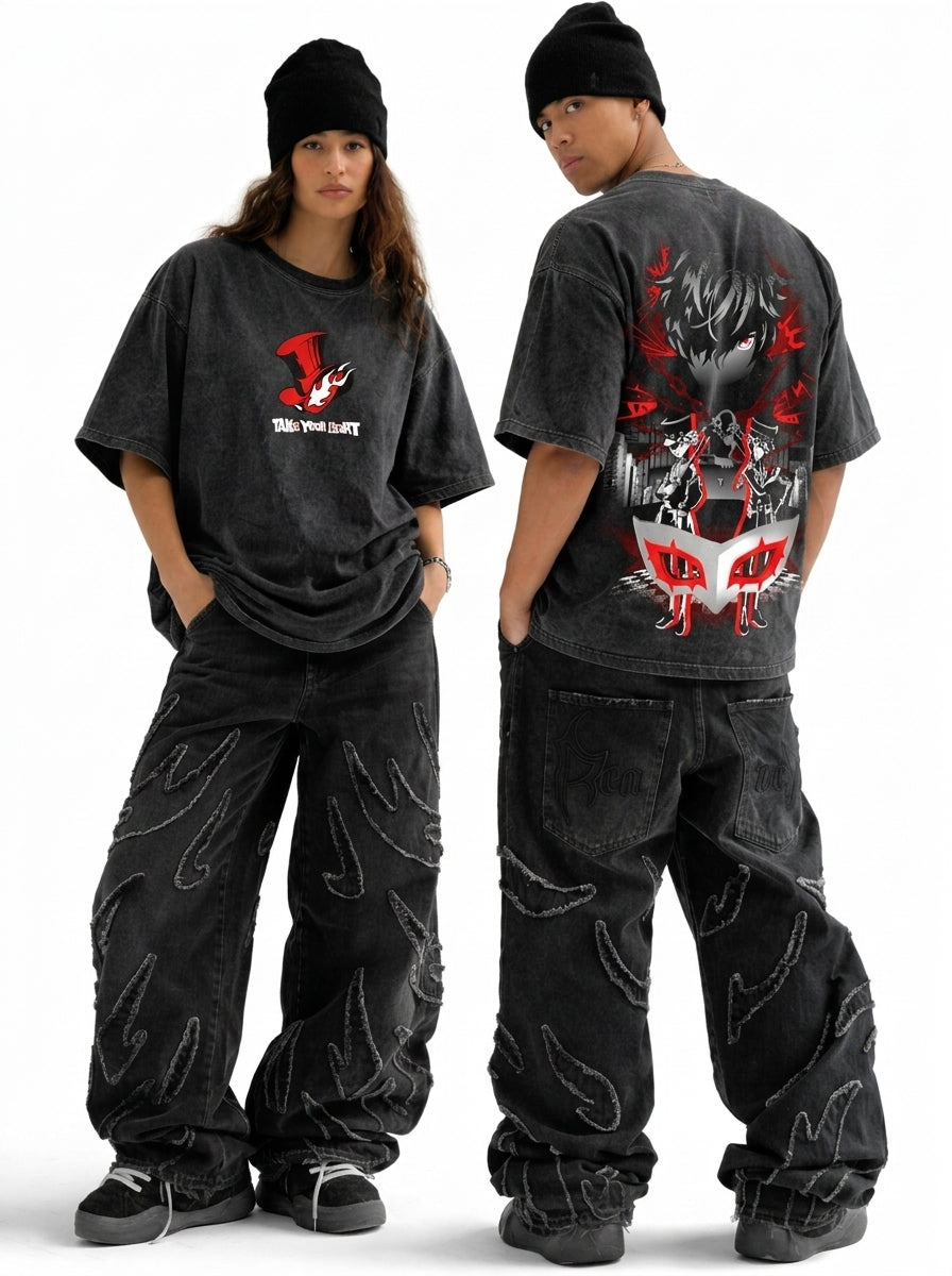 Persona 5 Mask Oversized Acid Wash T-Shirt – Vintage Graphic Gaming Streetwear Tee