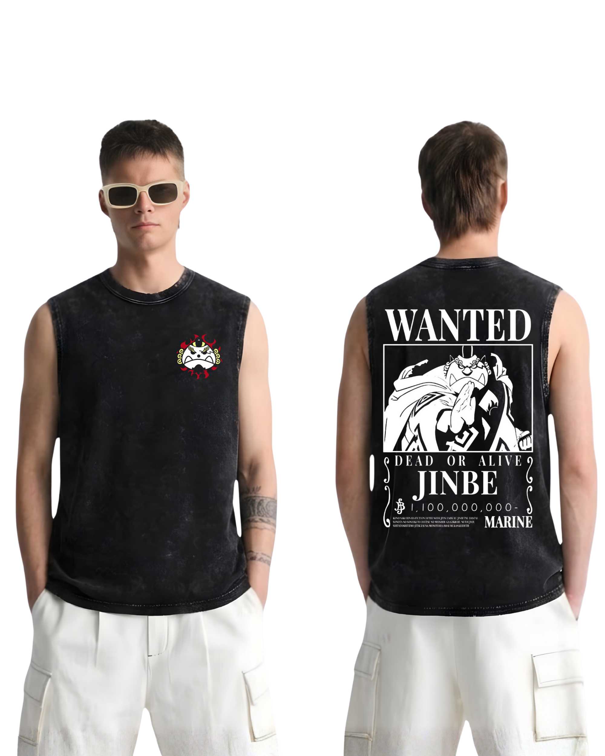 Jinbei Wanted Poster Anime One Piece Washed Tanktop Cotton Graphic