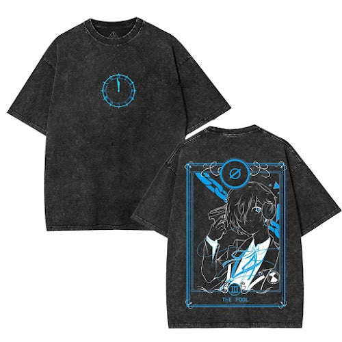 Black t-shirt with blue graphic design on front and back
