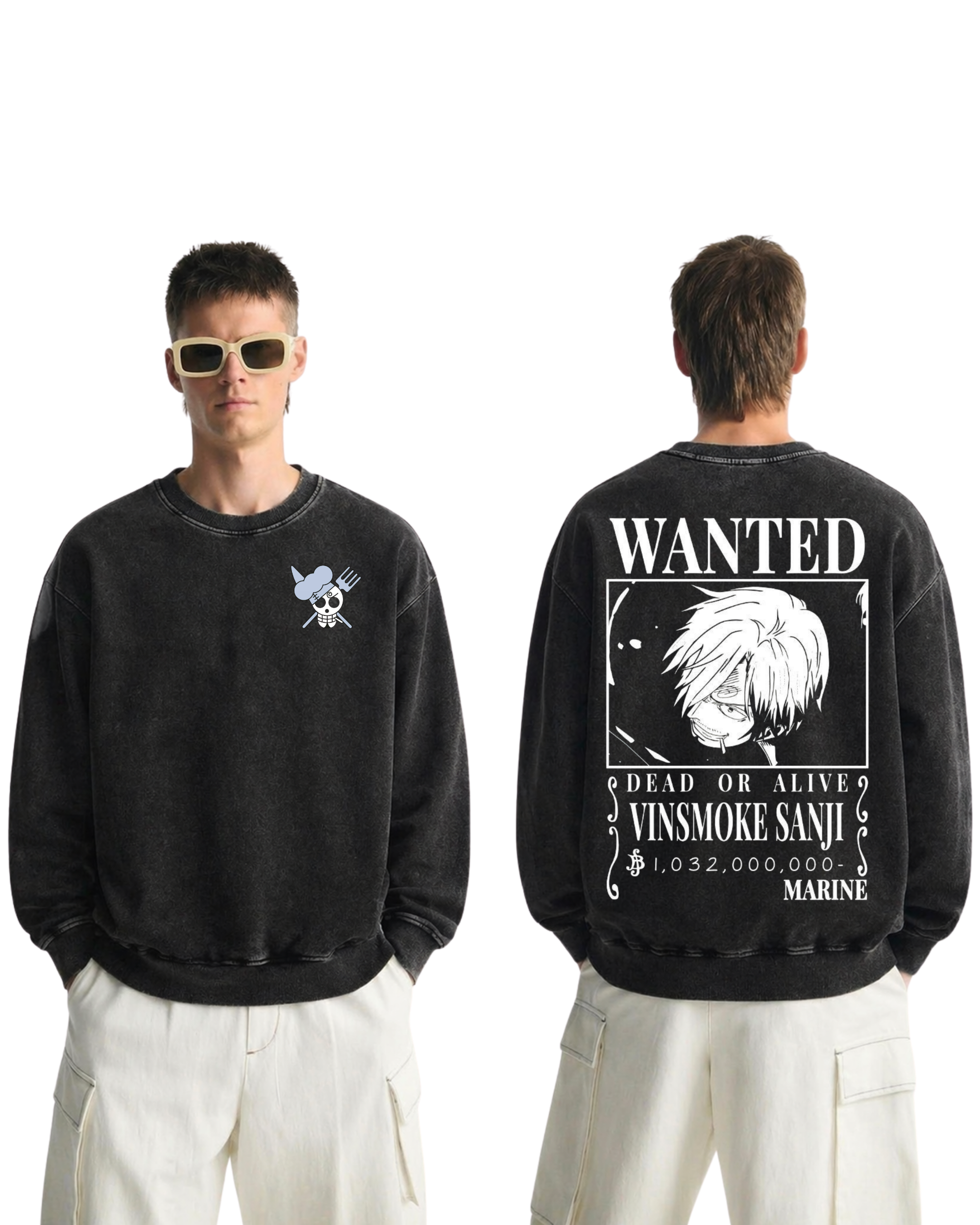Sanji Wanted Poster Anime One Piece Washed Sweatshirt Cotton Graphic