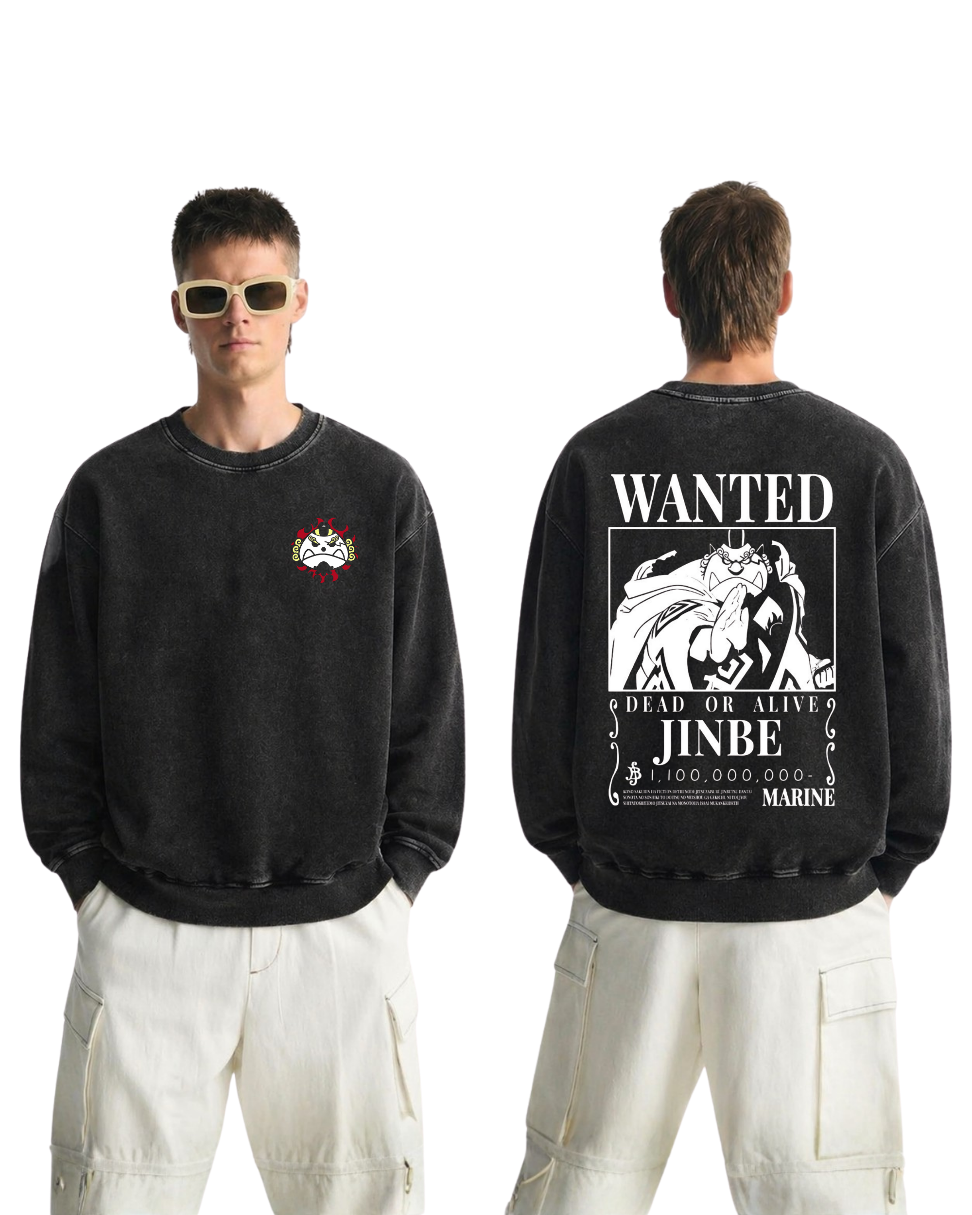 Jinbei Wanted Poster Anime One Piece Washed Sweatshirt Cotton Graphic