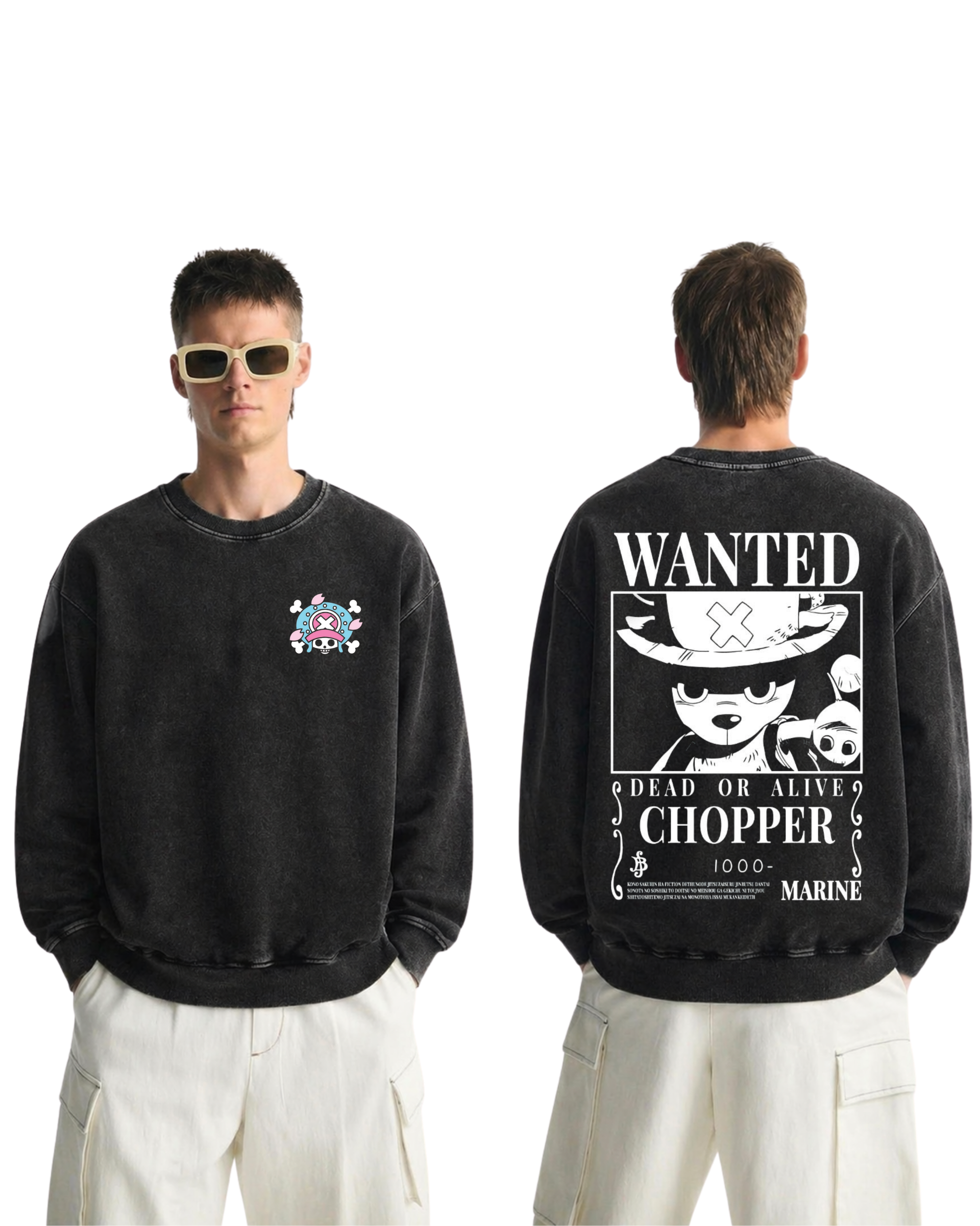 Chopper Wanted Poster Anime One Piece Washed Sweatshirt Cotton Graphic