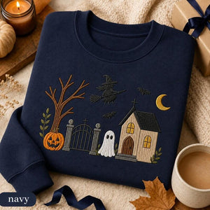 Embroidered Haunted House Sweatshirt, Vintage Halloween Ghost Crewneck, Spooky Season Fall Shirt, Cozy Witchy Pumpkin Gift For Her