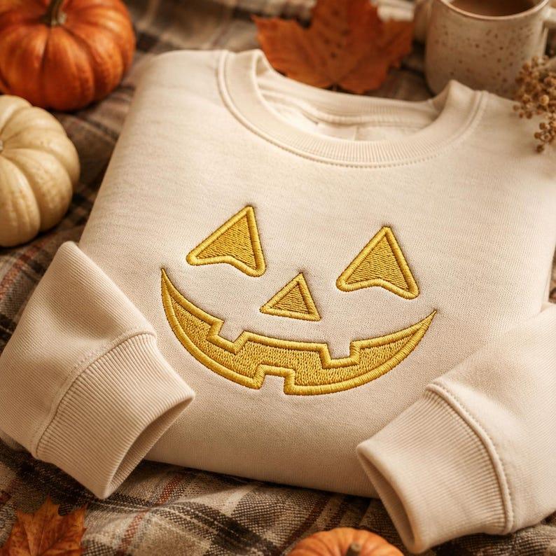 Embroidered Spooky Pumpkin Sweatshirt, Halloween Crewneck, Jack O Lantern Face Shirt, Black Fall Outfit, October Gift