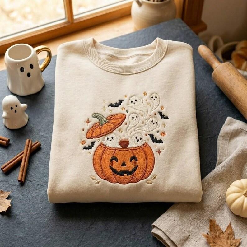 Embroidered Cute Ghost T-Shirt, Halloween Pumpkin Crewneck, Spooky Jack O Lantern, Cozy Autumn Gift for Fall Festival Lovers
