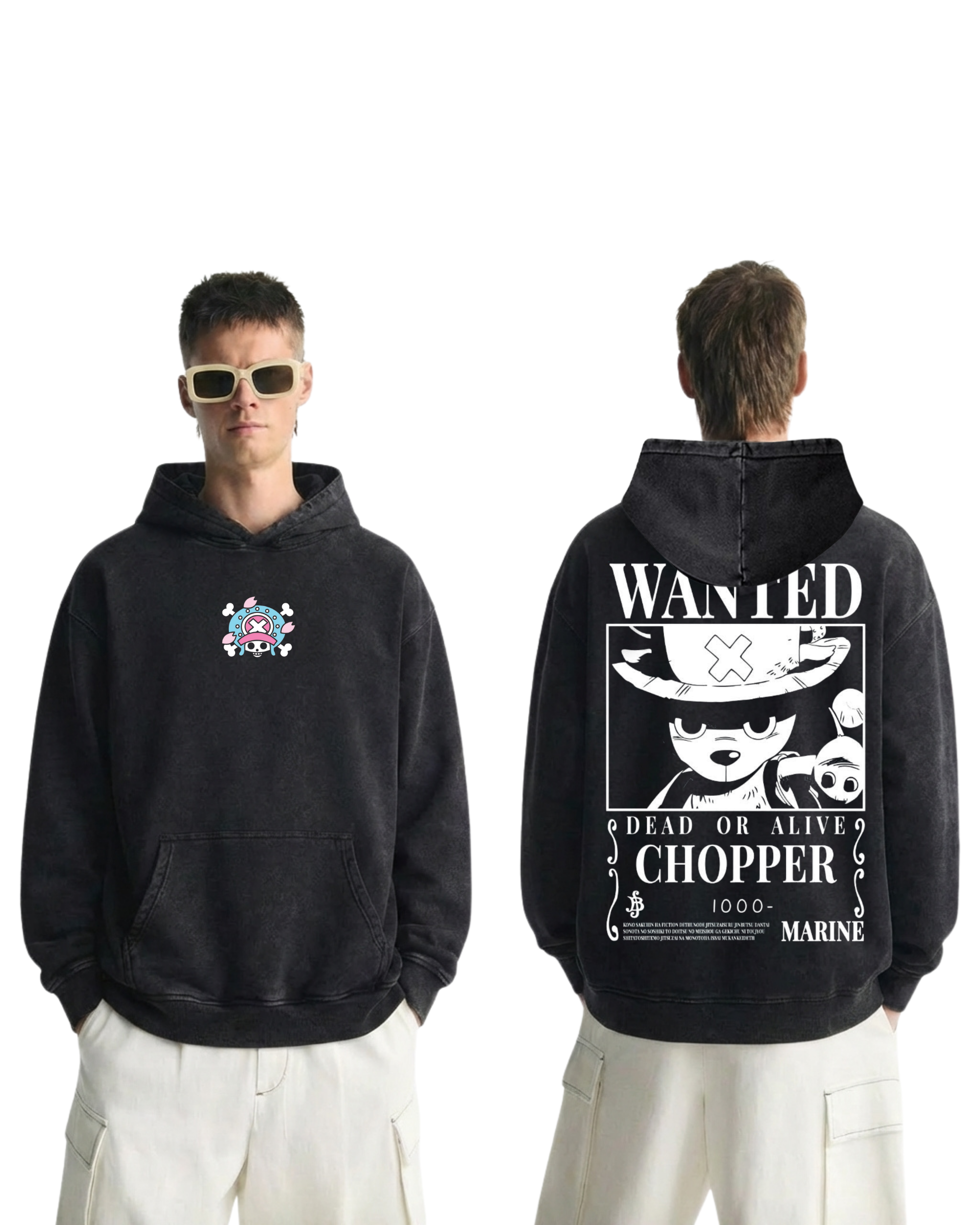 Chopper Wanted Poster Anime One Piece Washed Hoodie Cotton Graphic
