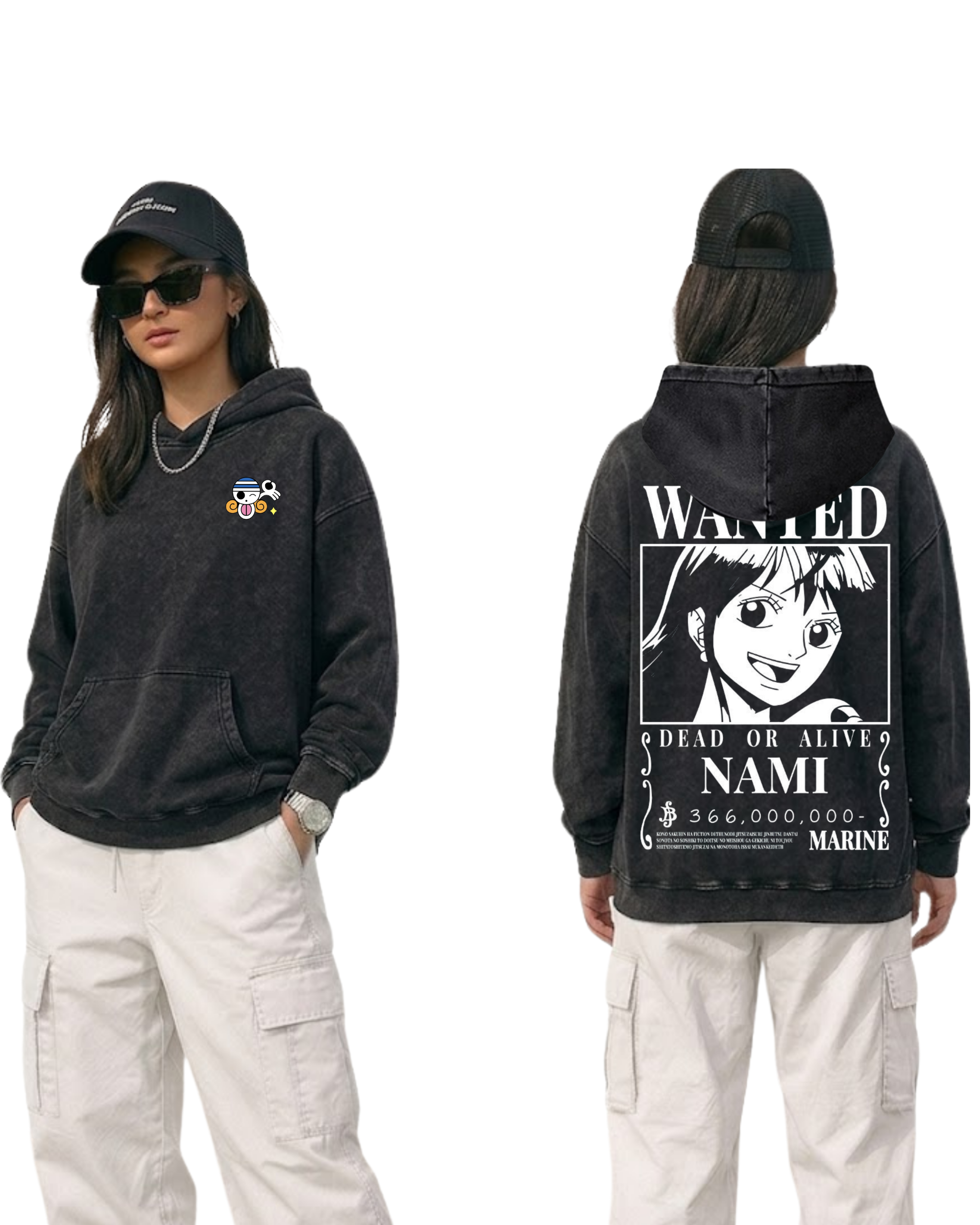 Nami Wanted Poster Anime One Piece Washed Hoodie Cotton Graphic