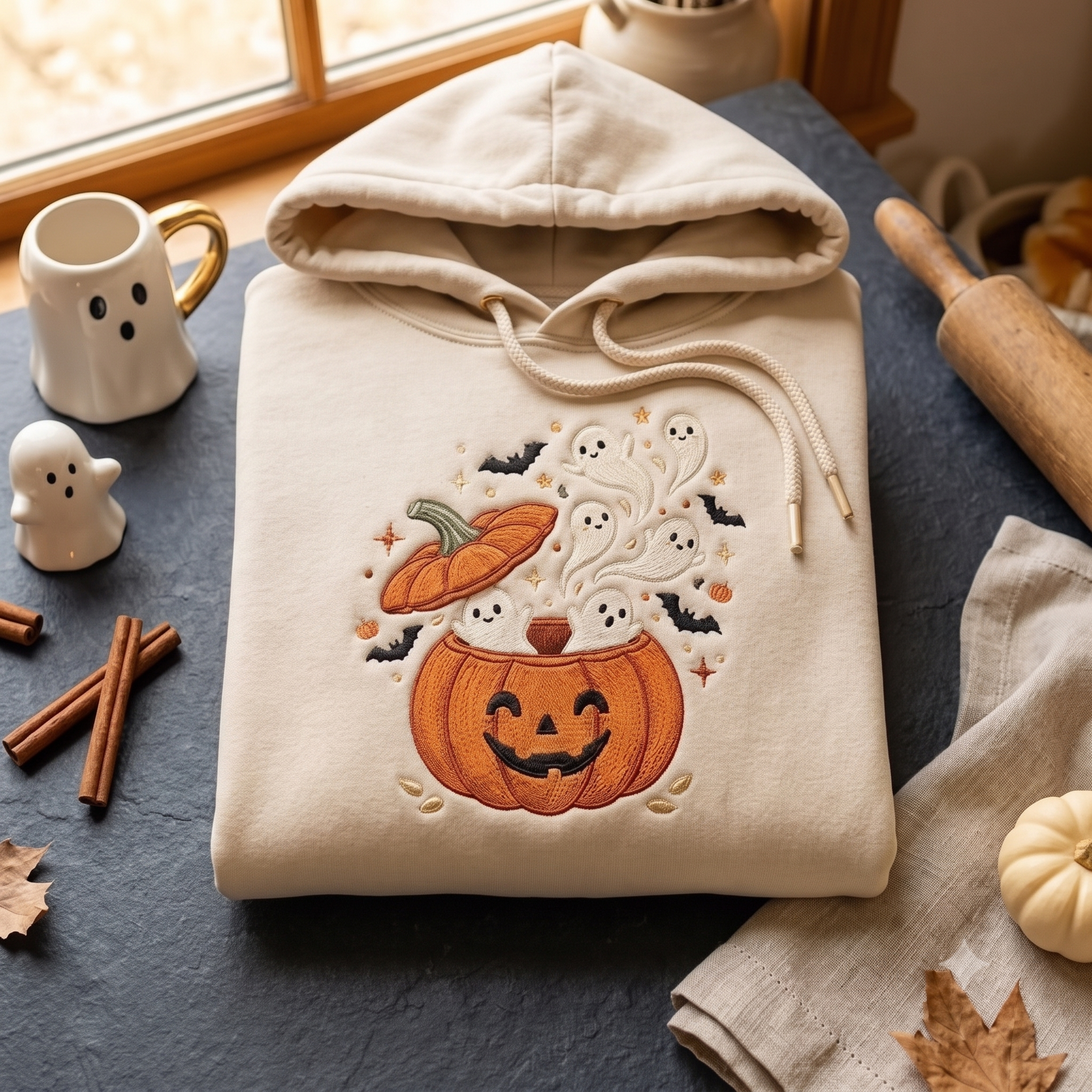 Embroidered Cute Ghost Hoodies, Halloween Pumpkin Crewneck, Spooky Jack O Lantern Pullover, Cozy Autumn Gift for Fall Festival Lovers