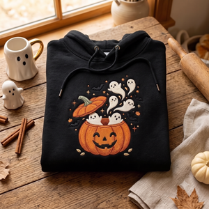 Embroidered Cute Ghost Hoodies, Halloween Pumpkin Crewneck, Spooky Jack O Lantern Pullover, Cozy Autumn Gift for Fall Festival Lovers