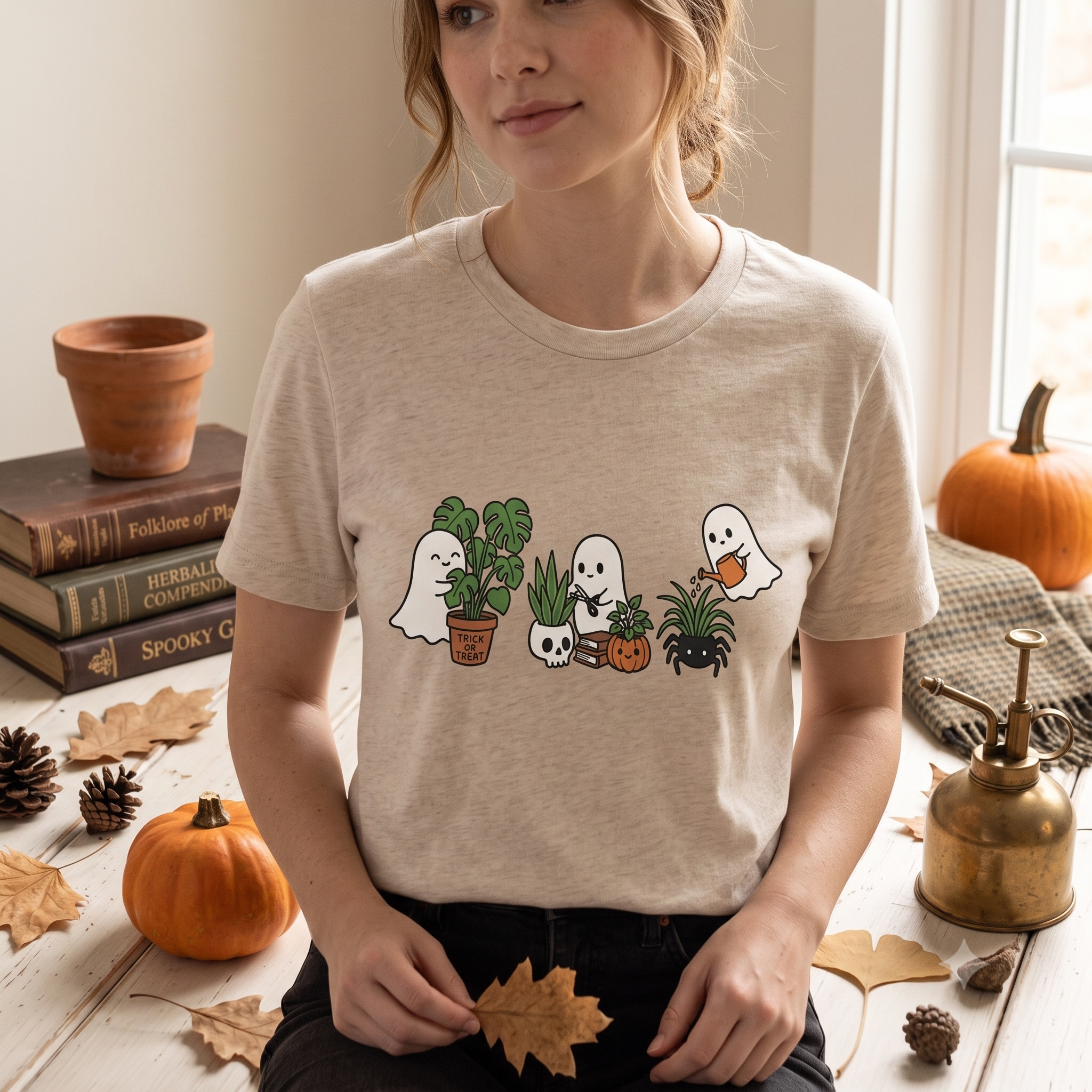 Ghost Plant Lover T-Shirt, Embroidered Houseplant Crewneck, Cute Halloween Fall Shirt, Plant Mom Gift